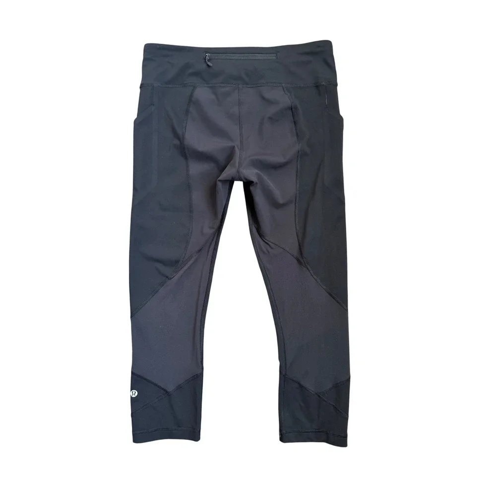 Lululemon Speed Up Crop Women 8 Black Mesh Panel Zipper Pocket Running Leggings‎